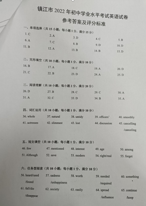 2023年鎮江市中考英語試卷真題及答案