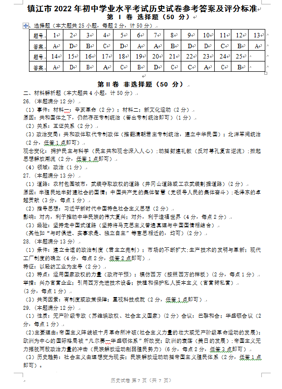 2023年鎮江市中考歷史試卷真題及答案