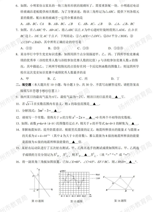 2023年揚州市中考數學試卷真題及答案