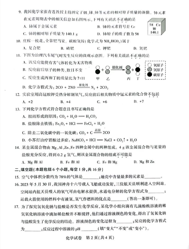 2023年河南中考化學試卷真題及答案